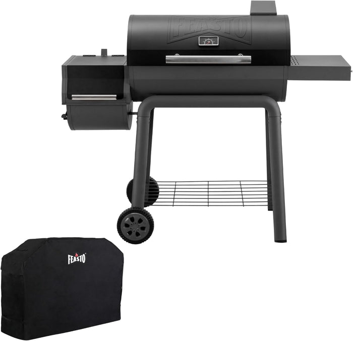 FEASTO 30" Heavy-Duty Charcoal Grill with Offset Smoker & Cover (Black)