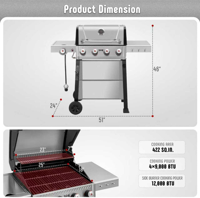 FEASTO Premium 4+1 Burner Gas Grill with Porcelain Cast Iron Grates & Cover