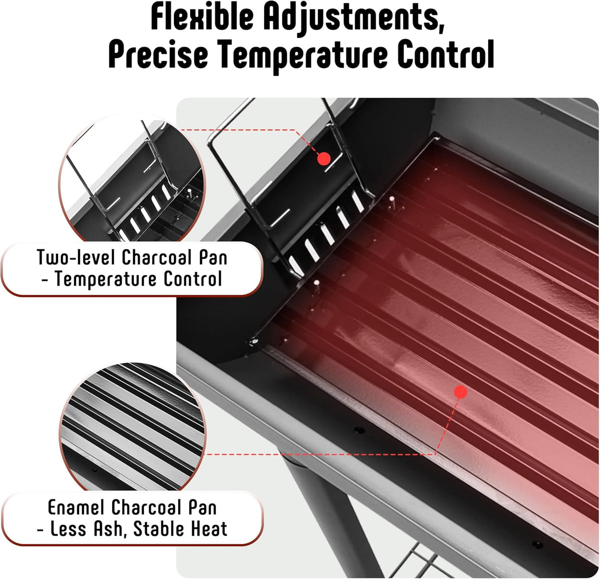 Grill with two-level charcoal pan and text highlighting flexible adjustments and precise temperature control.