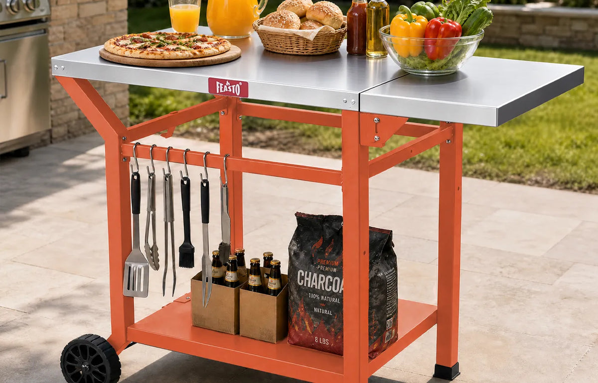 Outdoor Movable Grill Cart with Folding Side Table