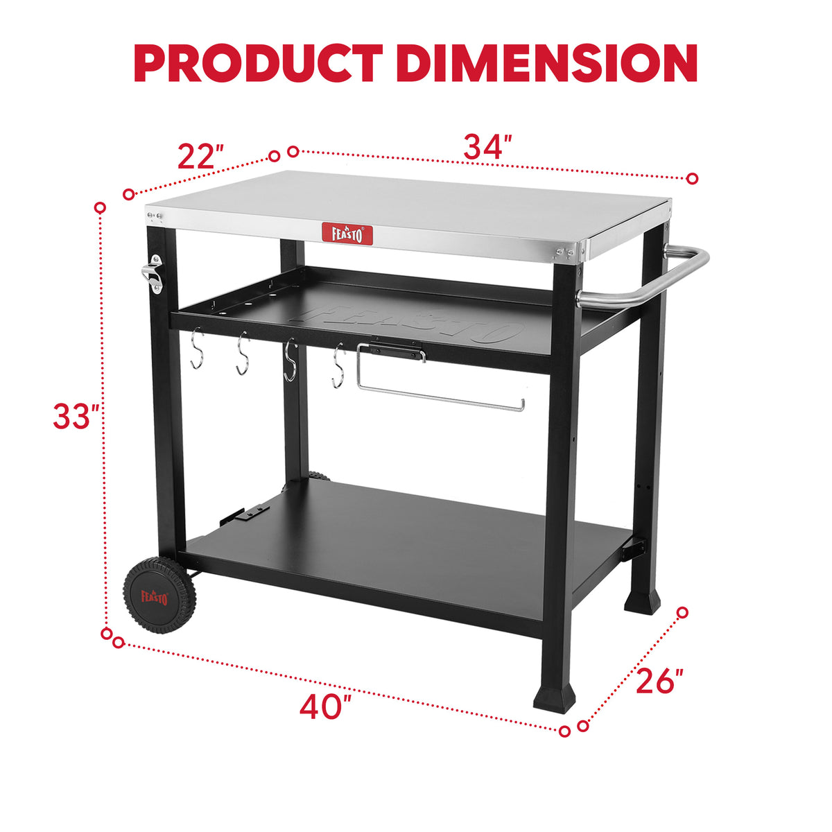 Feasto Three-Shelf Movable Food Prep and Work Cart Table,Cover Included
