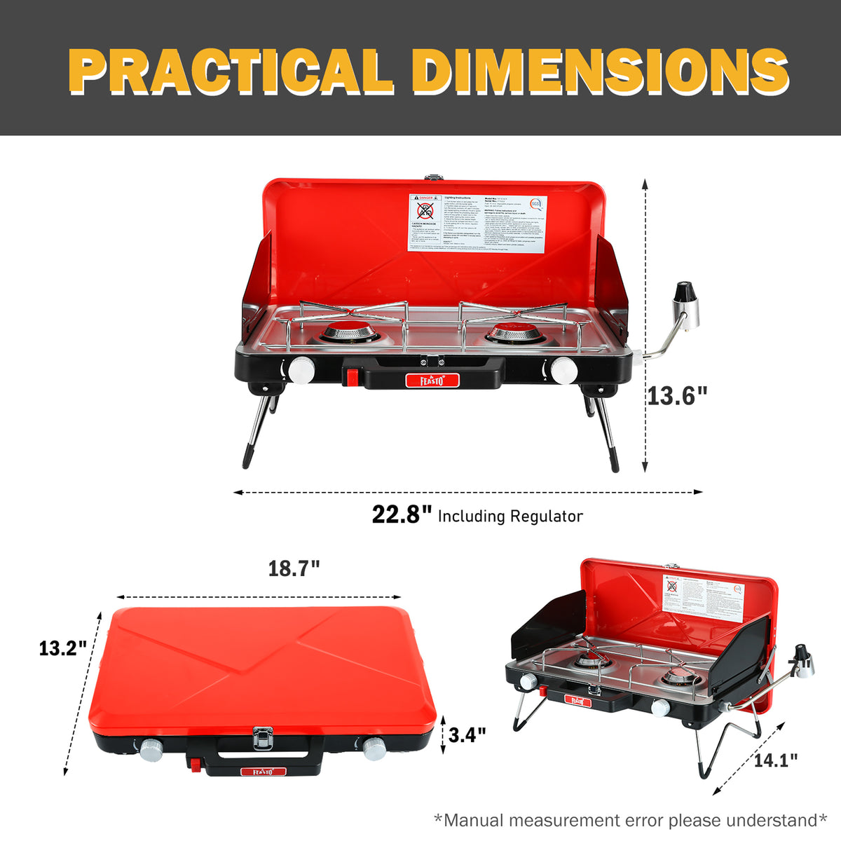 FEASTO Propane Camping Stove with Two Adjustable High Power Windproof Burners and Two Folding Legs Convenient for Outdoor Camping Picnic L22.8’’x W14.1’’x H13.6’’ (Red)