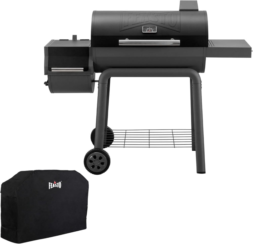 FEASTO 30" Heavy-Duty Charcoal Grill with Offset Smoker & Cover (Black)