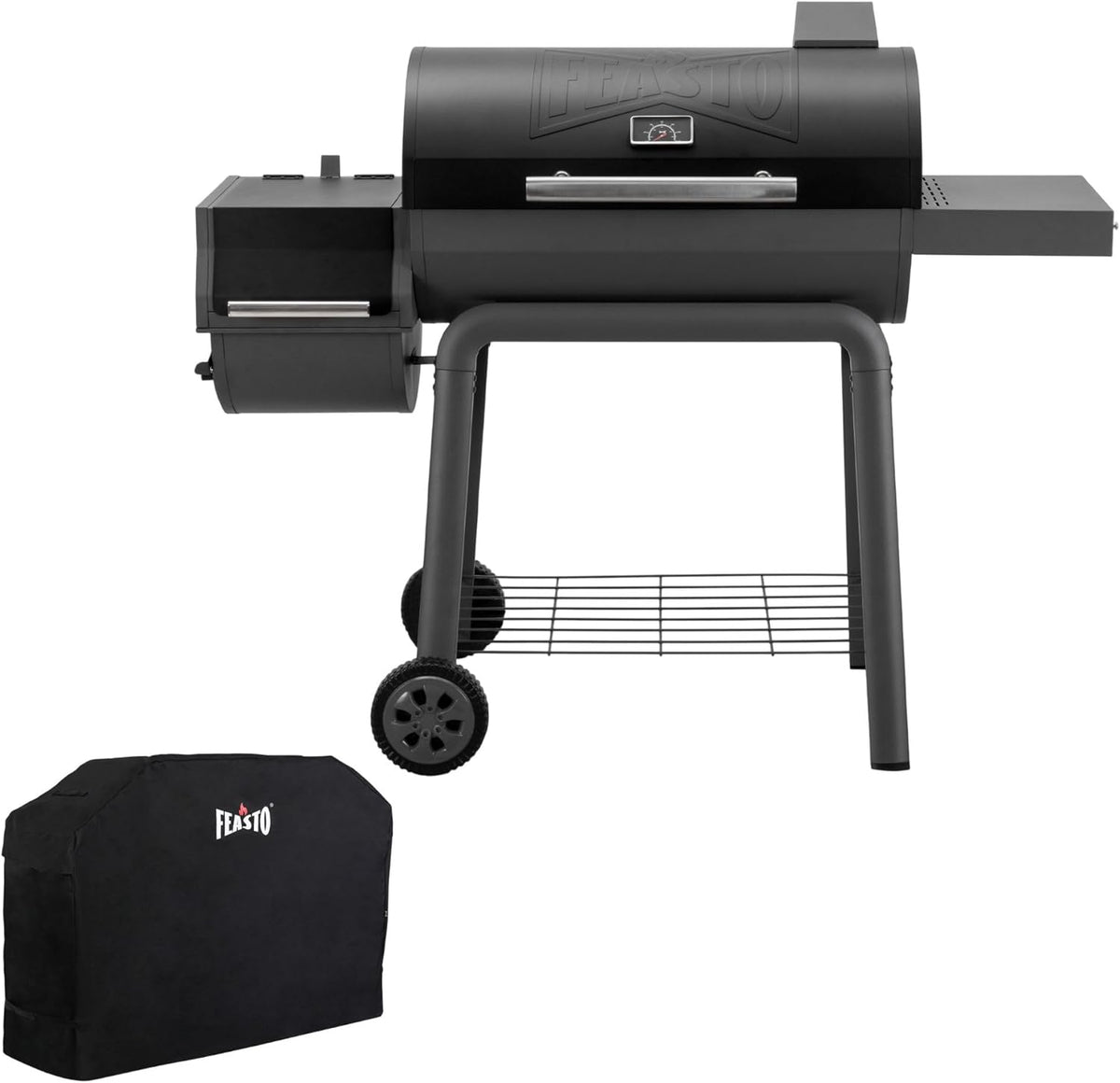 FEASTO 30" Heavy-Duty Charcoal Grill with Offset Smoker & Cover (Black)
