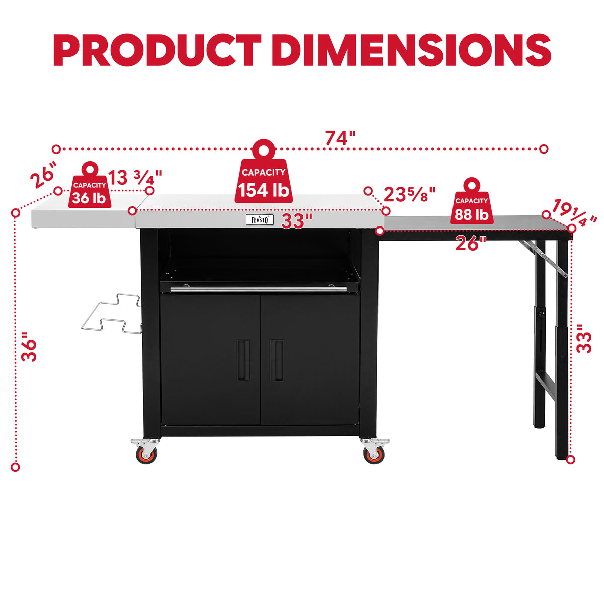 FEASTO Movable Stainless Steel Kitchen Island with Cover & Drop Leafs