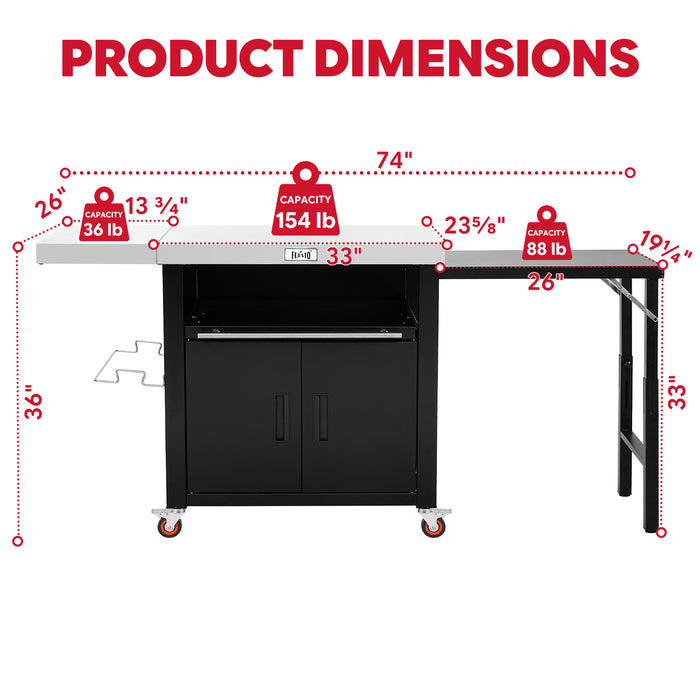 FEASTO Movable Stainless Steel Kitchen Island with Cover & Drop Leafs