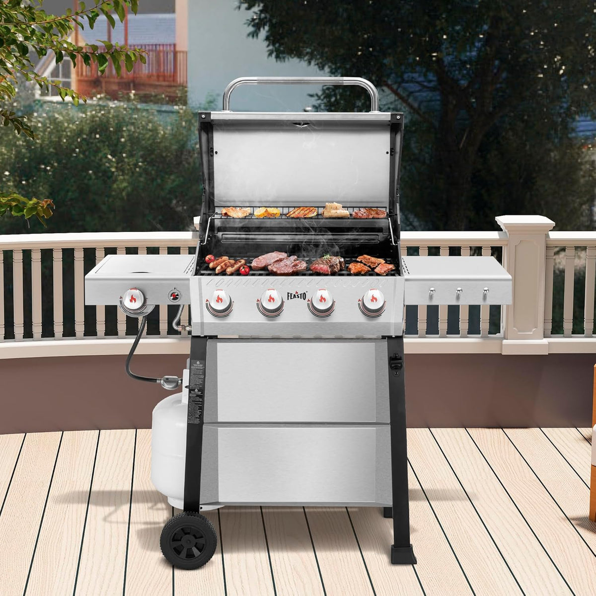 FEASTO Premium 4+1 Burner Gas Grill with Porcelain Cast Iron Grates & Cover