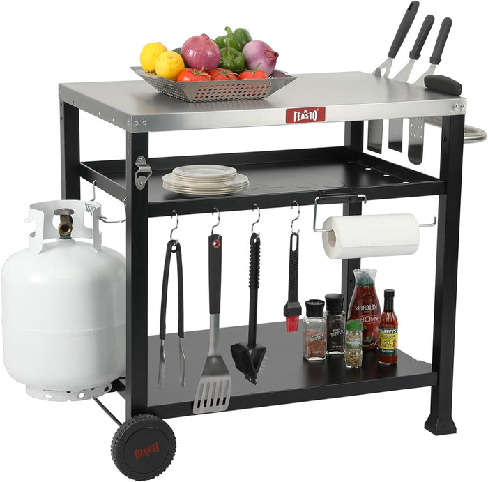 Feasto Three-Shelf Movable Food Prep and Work Cart Table,Cover Included