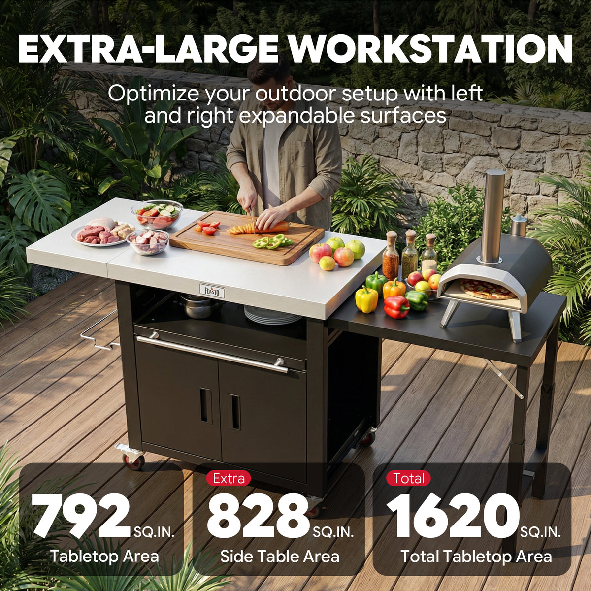 FEASTO Movable Stainless Steel Kitchen Island with Cover & Drop Leafs