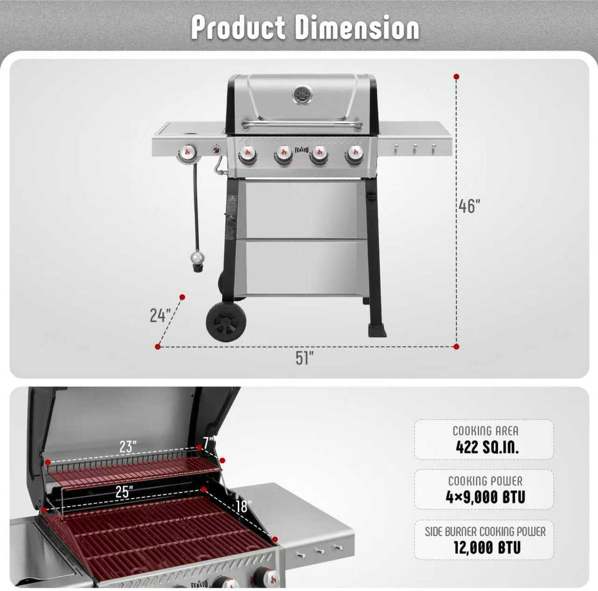 FEASTO Premium 4+1 Burner Gas Grill with Porcelain Cast Iron Grates & Cover