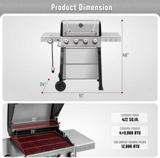 FEASTO Premium 4+1 Burner Gas Grill with Porcelain Cast Iron Grates & Cover
