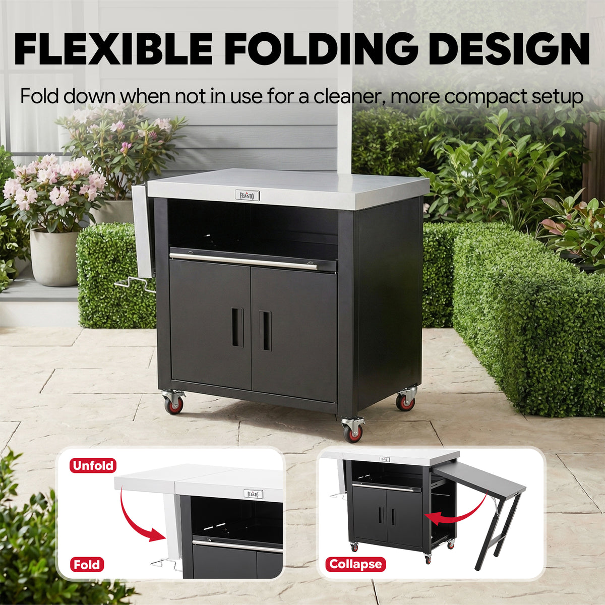 FEASTO Movable Stainless Steel Kitchen Island with Cover & Drop Leafs