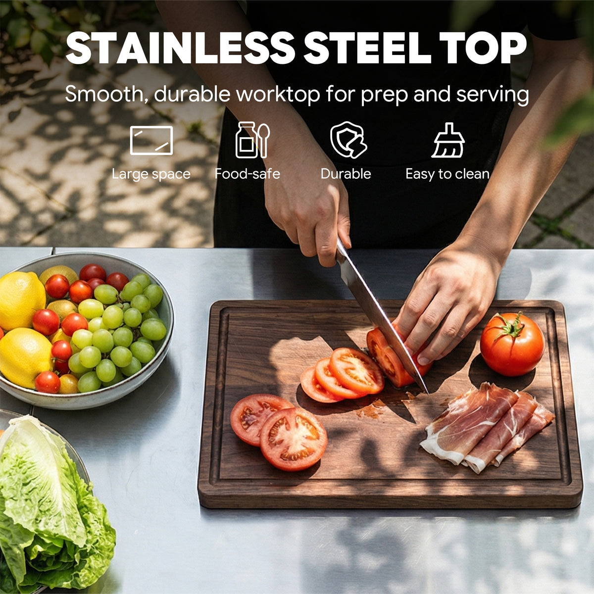 FEASTO Movable Stainless Steel Kitchen Island with Cover & Drop Leafs