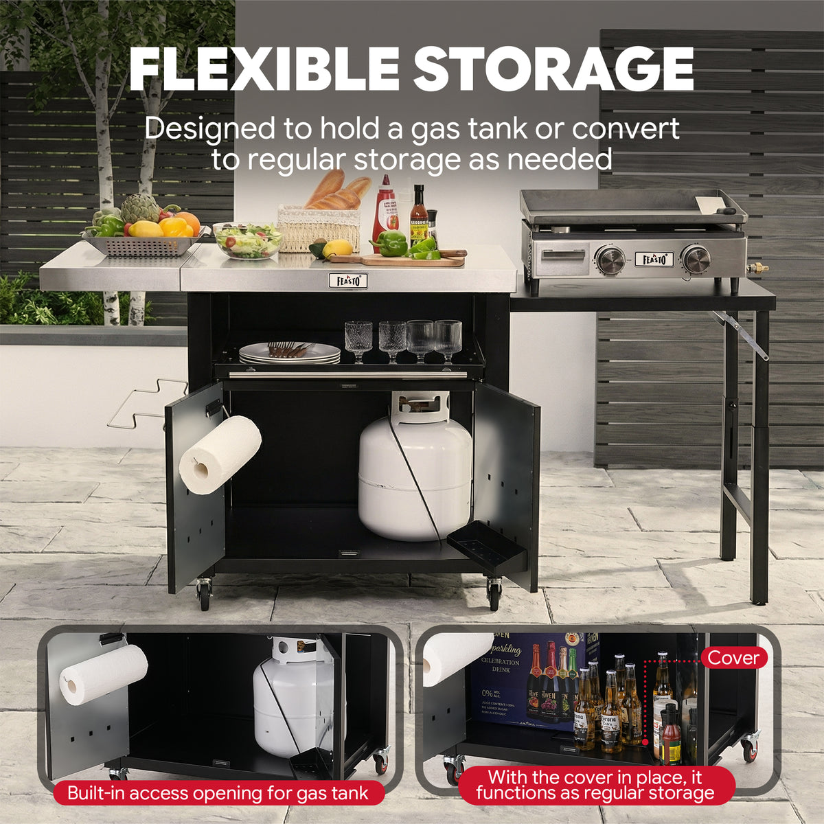 FEASTO Movable Stainless Steel Kitchen Island with Cover & Drop Leafs