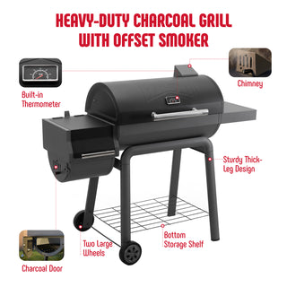 FEASTO 30" Heavy-Duty Charcoal Grill with Offset Smoker & Cover (Black)