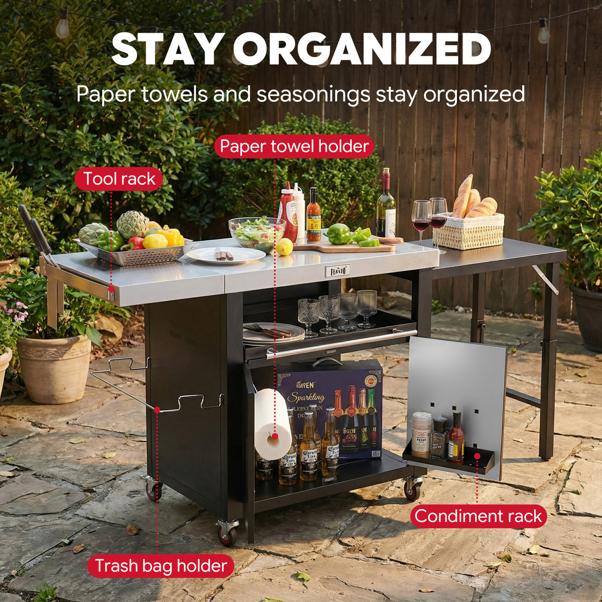 FEASTO Movable Stainless Steel Kitchen Island with Cover & Drop Leafs