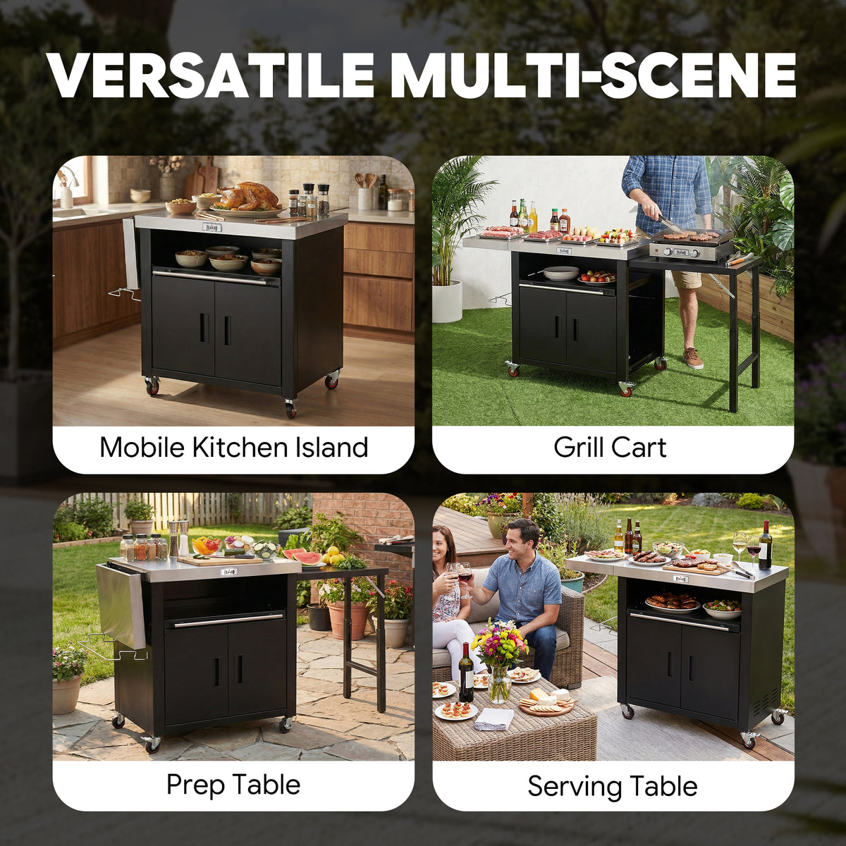 FEASTO Movable Stainless Steel Kitchen Island with Cover & Drop Leafs