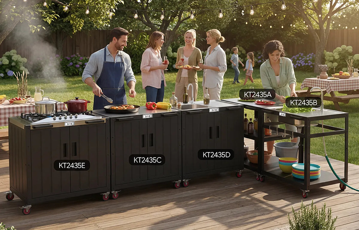 Outdoor Kitchen Cart with Stainless Steel Top & 3-Tier Storage