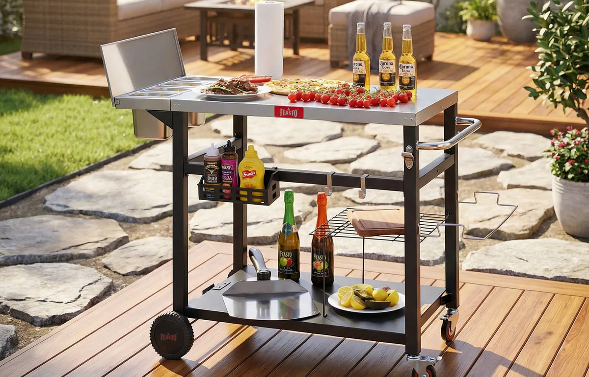 Grill Cart with Integrated Topping Station for Outdoor Cooking