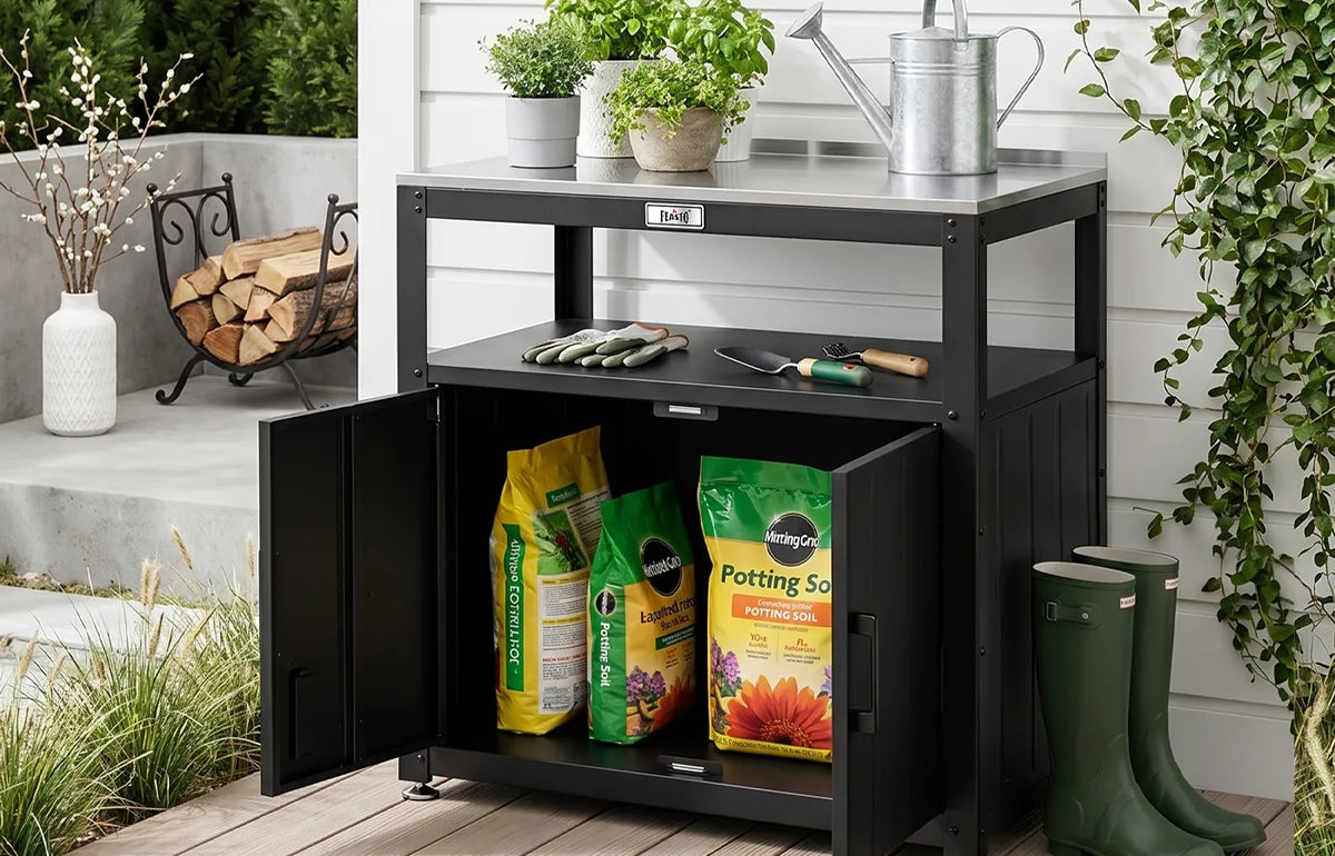 Outdoor Grill Cart with Stainless Steel Top and Storage Cabinet