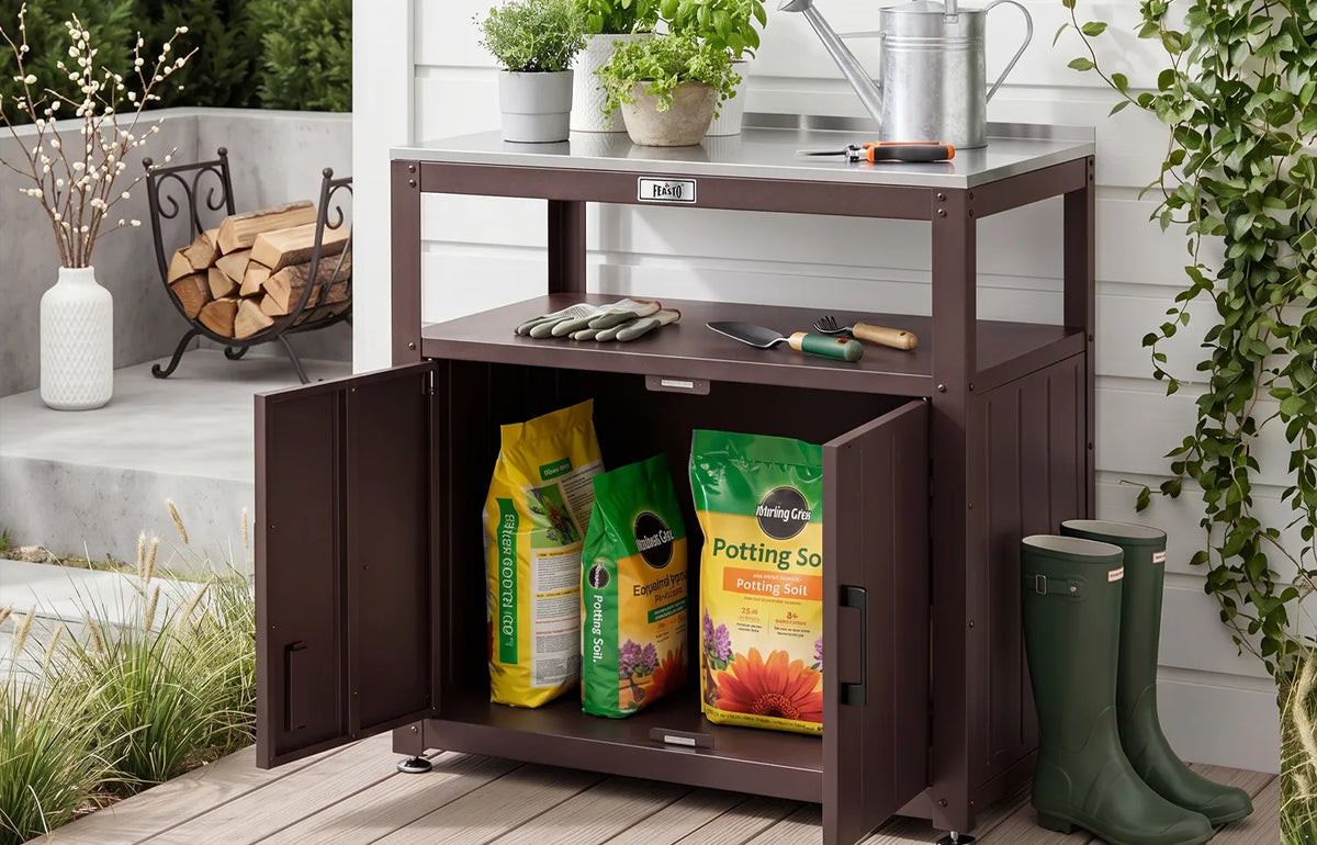 Outdoor Grill Cart with Stainless Steel Top and Storage Cabinet