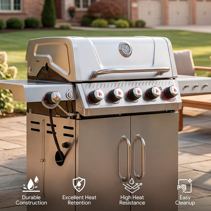Stainless Steel 5-Burner Gas Grill with Sear Burner & Side Burner