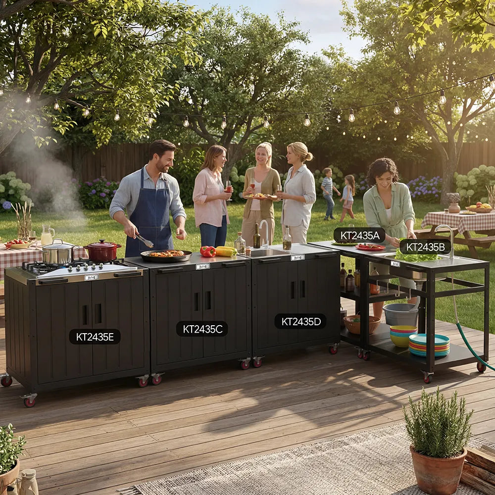 Outdoor Kitchen Cart with Stainless Steel Top & 3-Tier Storage