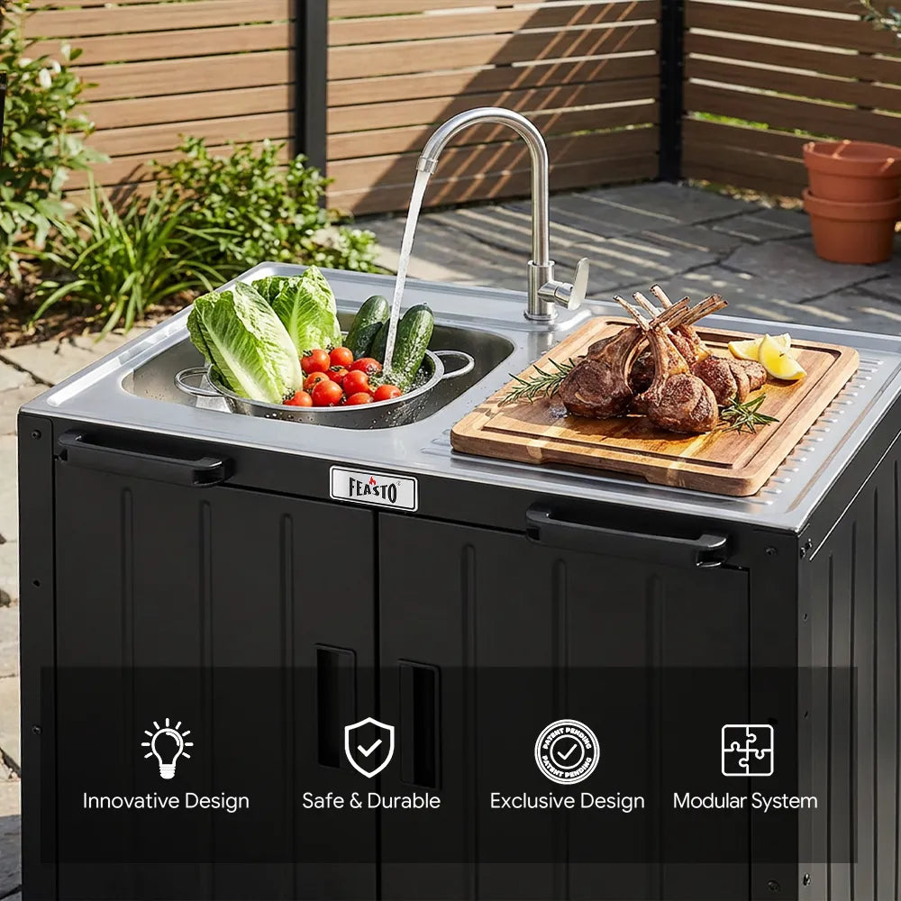 Outdoor Kitchen Cart with Large Sink and Storage Cabinet