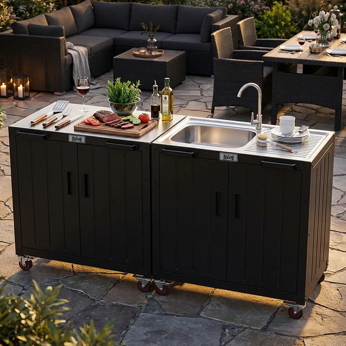 Outdoor Kitchen Cart with Large Sink and Storage Cabinet