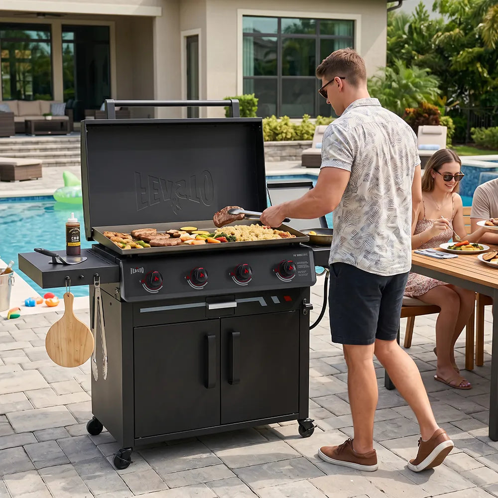 4-Burner Gas Griddle with Side Burner & Cabinet