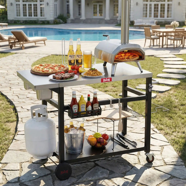 Grill Cart with Integrated Topping Station for Outdoor Cooking