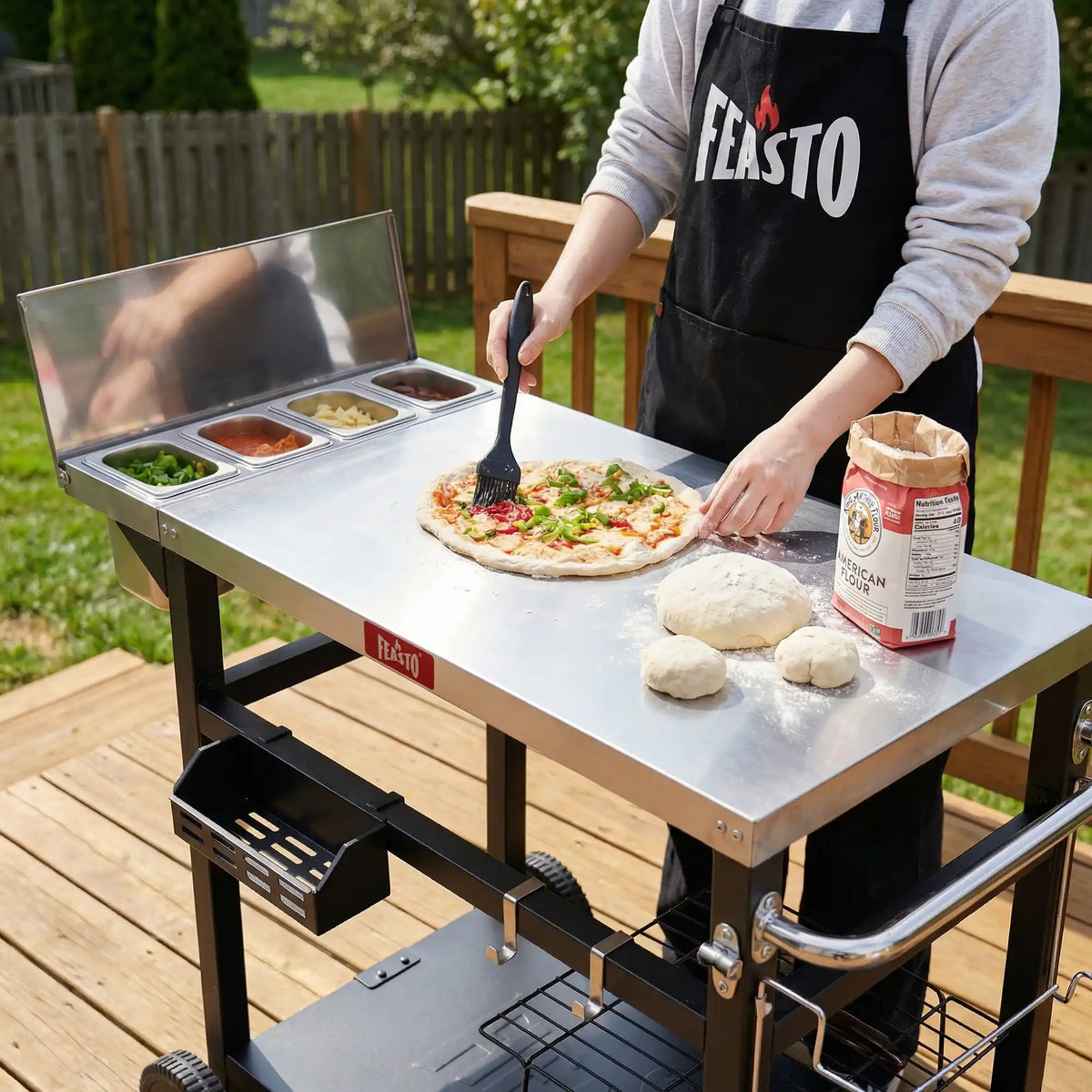 Grill Cart with Integrated Topping Station for Outdoor Cooking