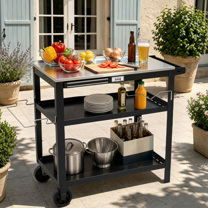 3-Shelf Outdoor Grill Cart with Magnetic Tool Holder & Wheels