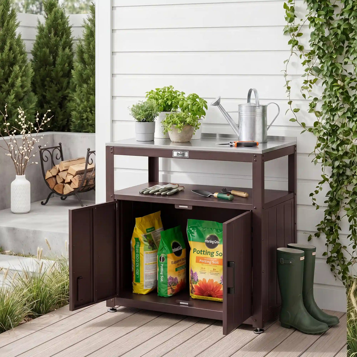 Outdoor Grill Cart with Stainless Steel Top and Storage Cabinet